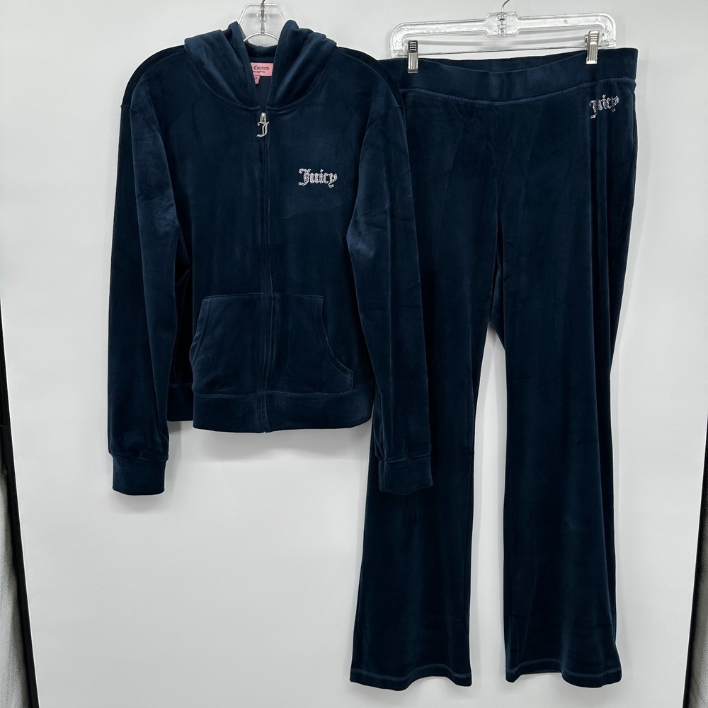 Juicy Couture Velour Tracksuit Set Hoodie Jacket Pant‎ XL Rhinestone Logo Navy